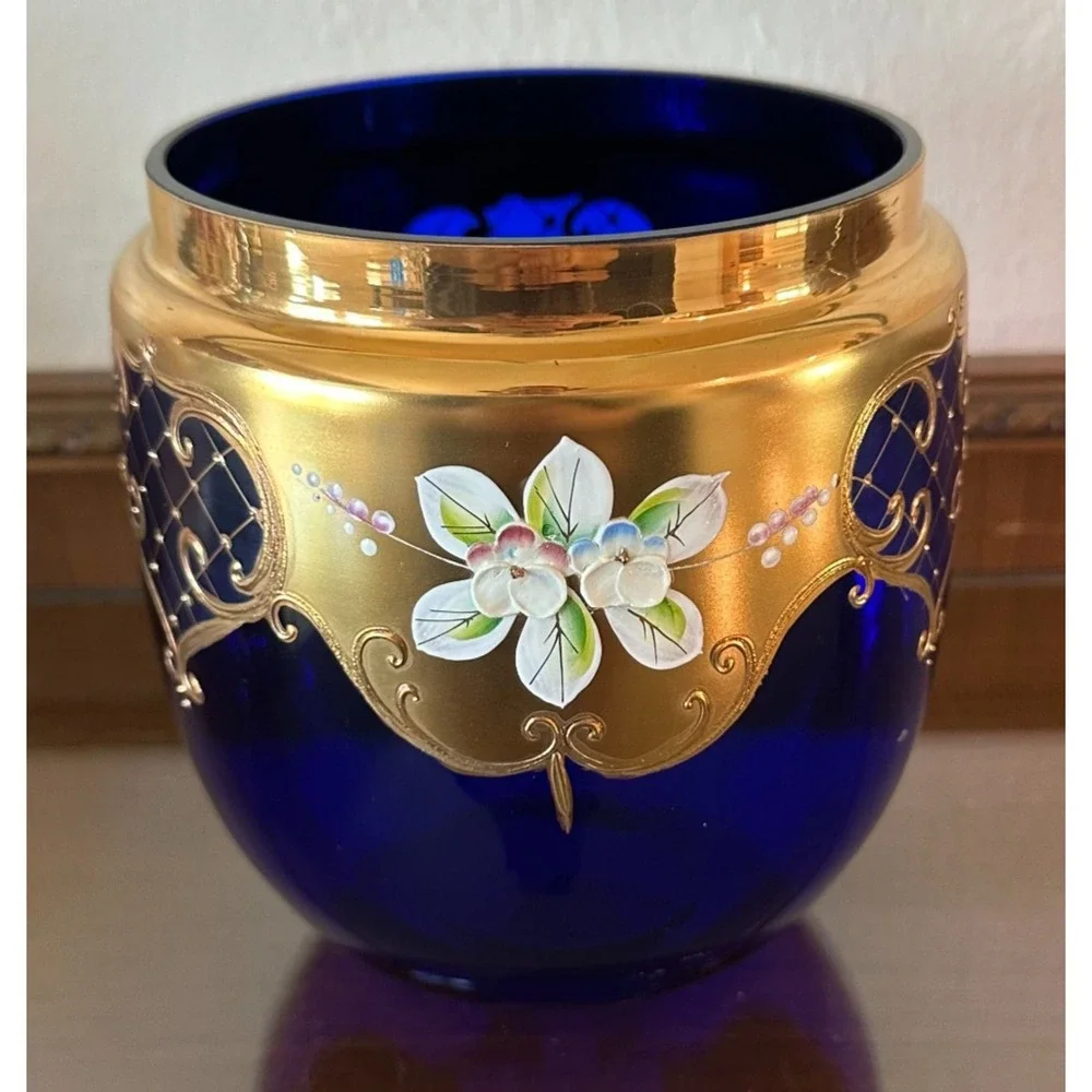 VTG Egermann Bohemian/Czech Cobalt Blue Vase Gold Gilded Enameled 3D Flowers 6.5